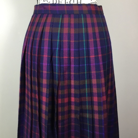 100% Worsted Wool pleated purple pink blue green plaid skirt countryside sz 14 - Picture 2 of 8